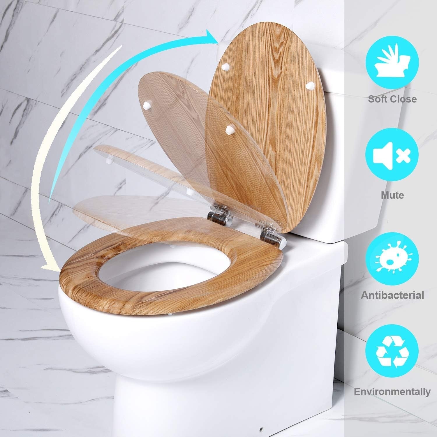 Antibacterial Wooden Toilet Seat Soft Close Quick Release Oval Solid Oak 45x37cm