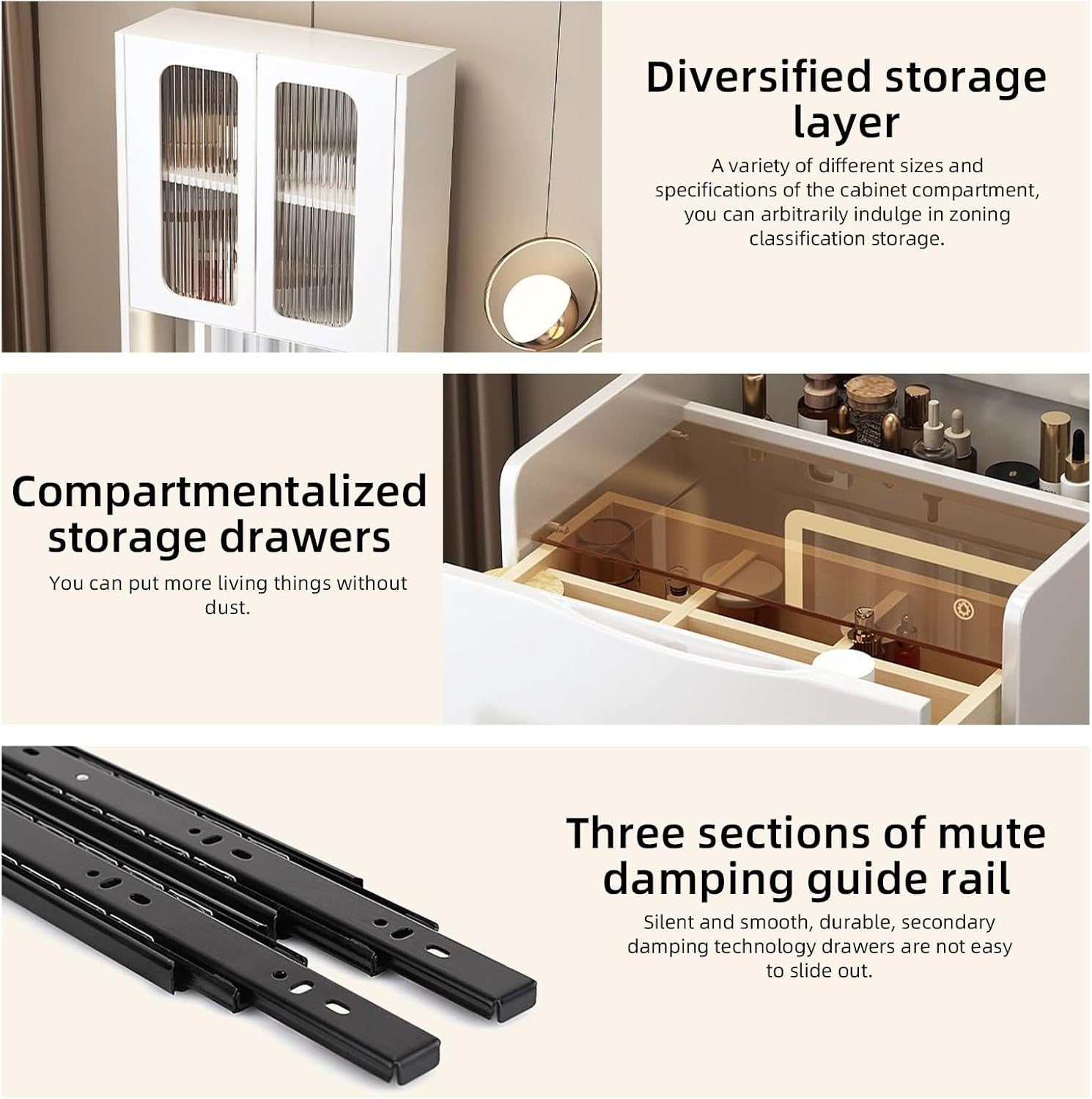 3-in-1 Vanity Desk Makeup Table w/Mirror, Drawers, Light, Storage Stool