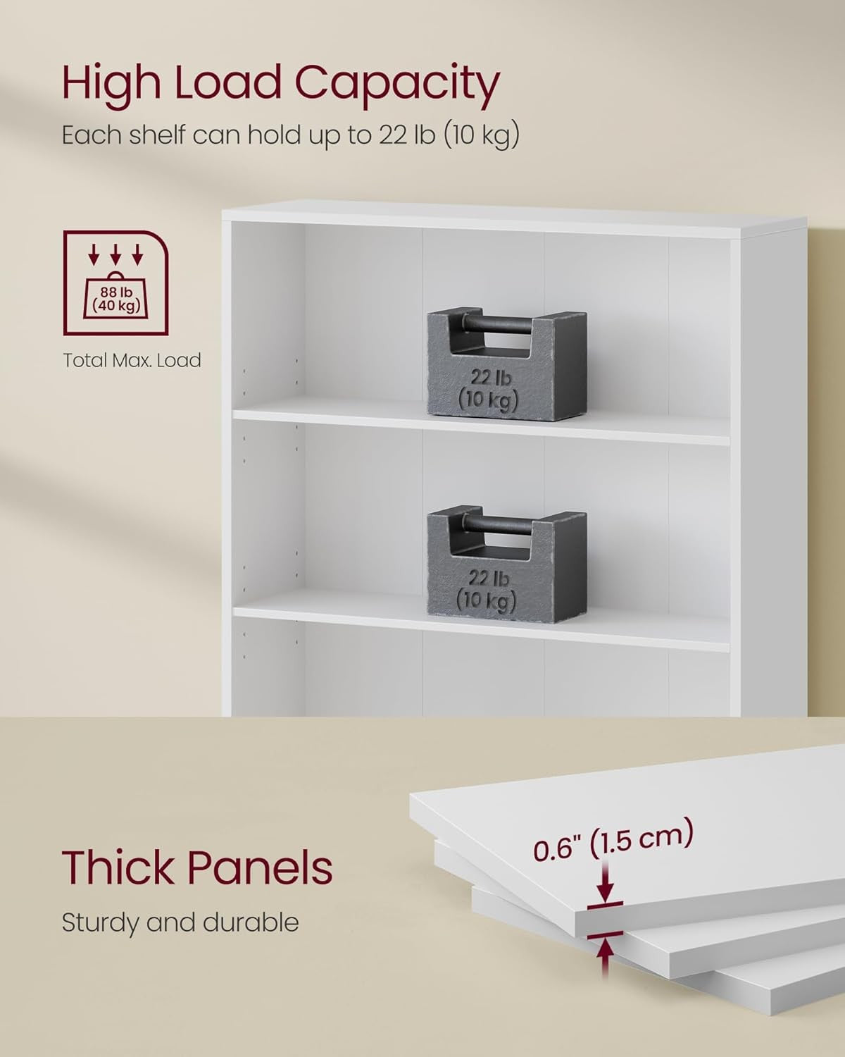 3-Tier White Bookcase 80cm Wide Adjustable Shelves Modern Storage Unit