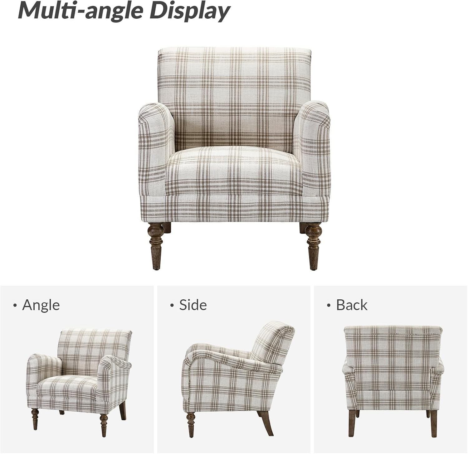 Plaid Armchair Lounge Chair Comfy Upholstered Seat Wood Legs Living Room