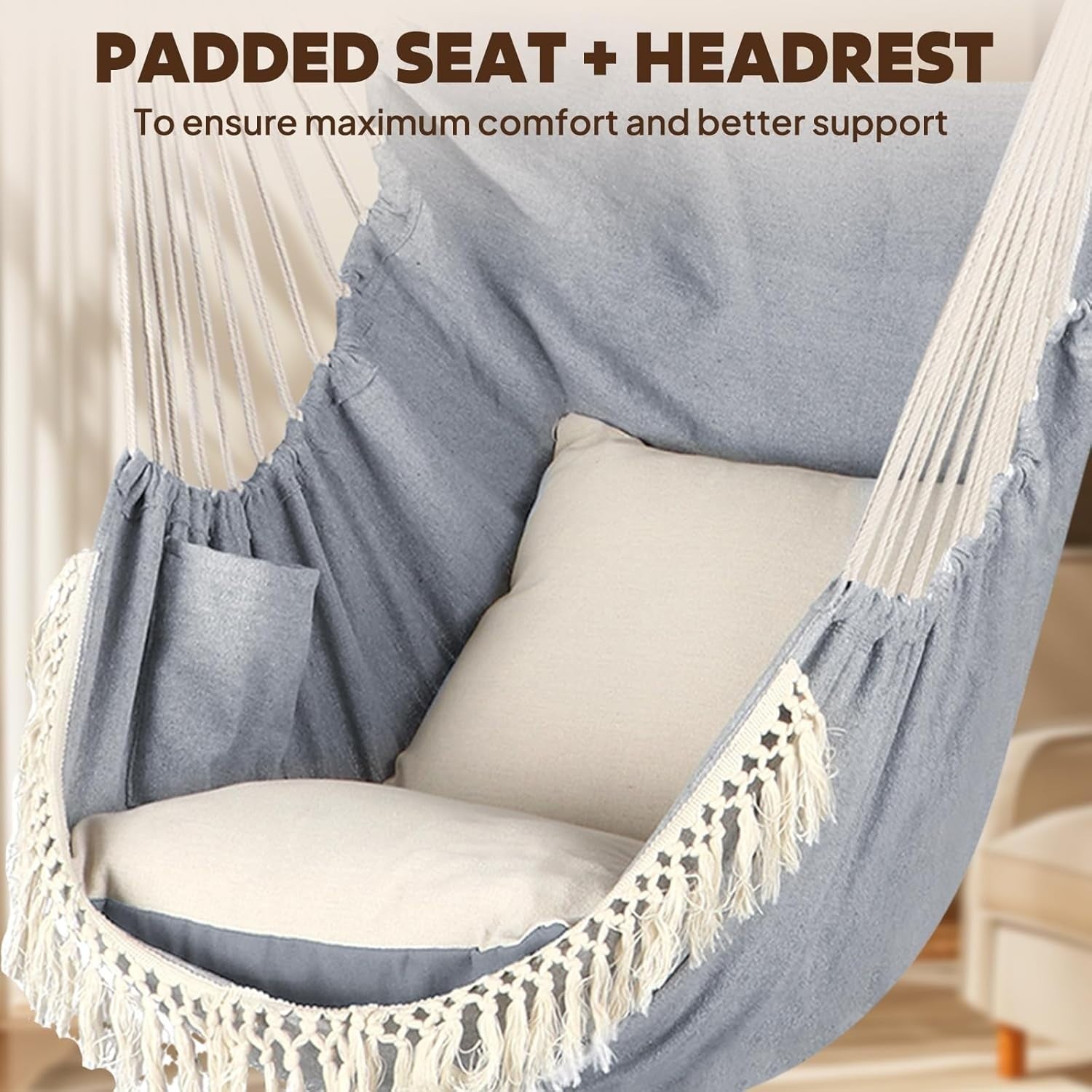 Hammock Chair with 2 Cushions & Straps | 550lbs Indoor Outdoor Swing Seat