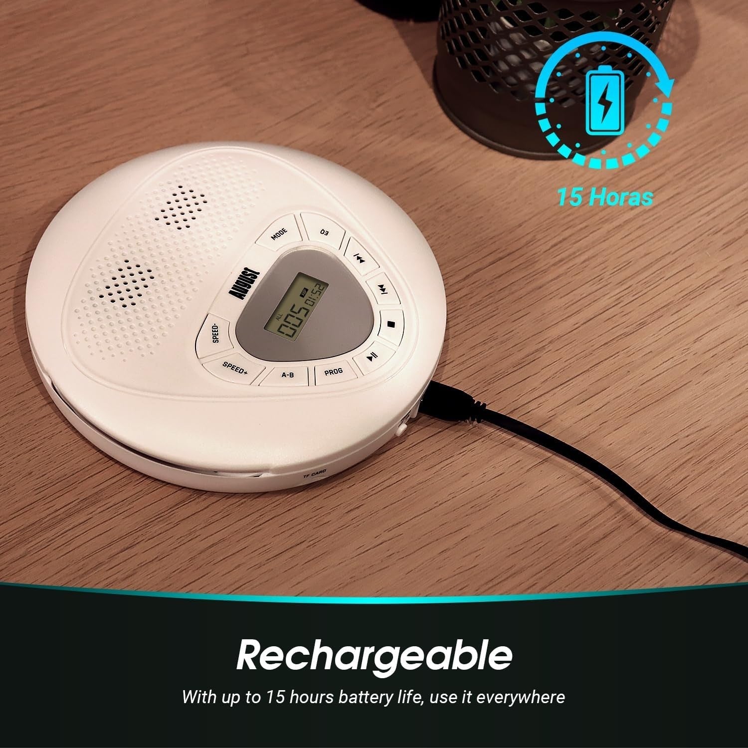 Portable Rechargeable CD Player Discman Micro SD AUX Anti Skip White