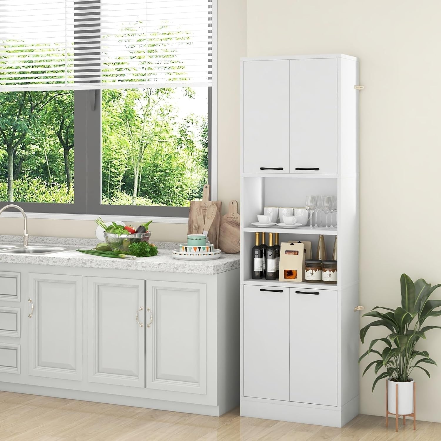 190cm Tall Kitchen Cupboard White 4 Doors Open & Closed Storage Cabinet