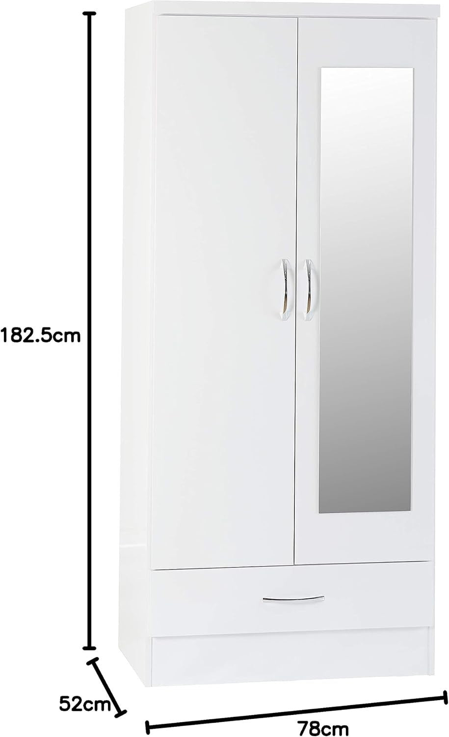 White Gloss 2 Door Mirror Wardrobe with Drawer – Modern Bedroom Storage