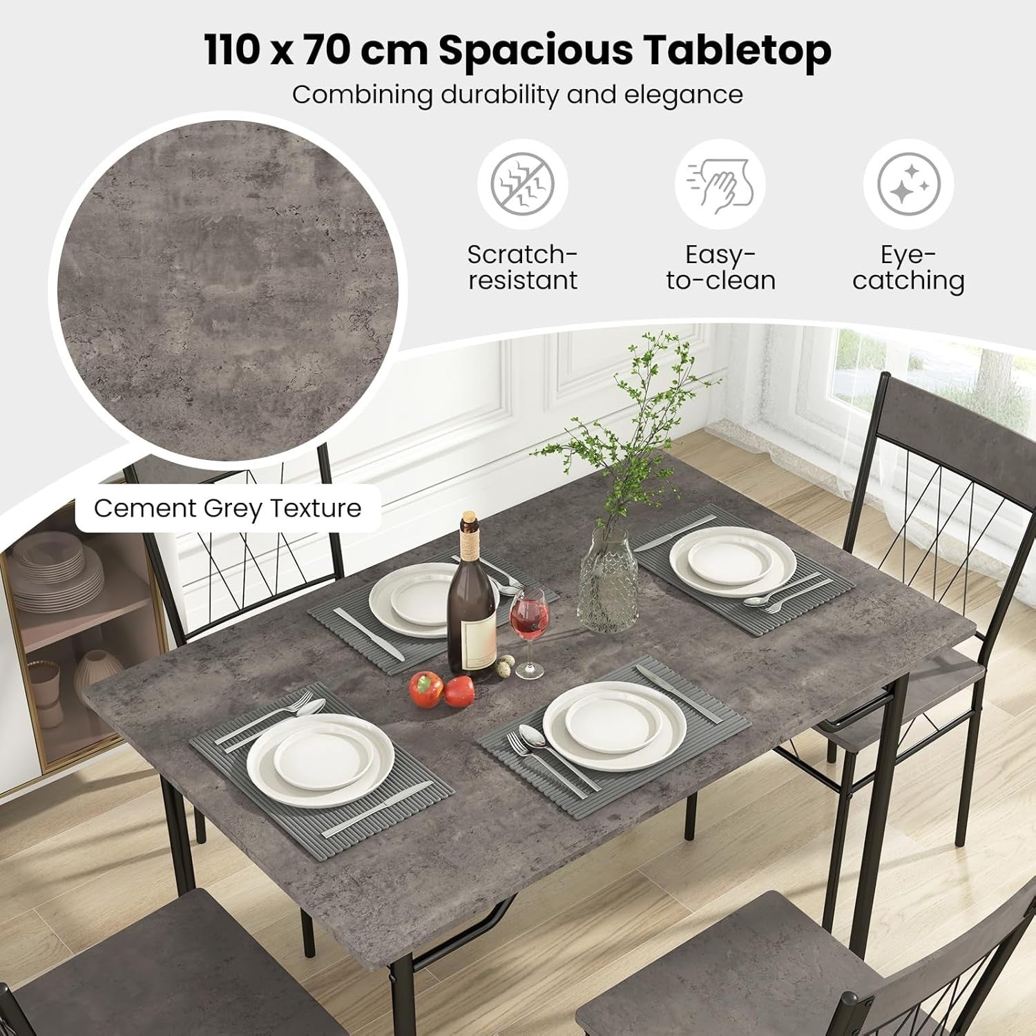 Gray Cement Texture Dining Table Set 4 Chairs | Space-Saving Kitchen Fit