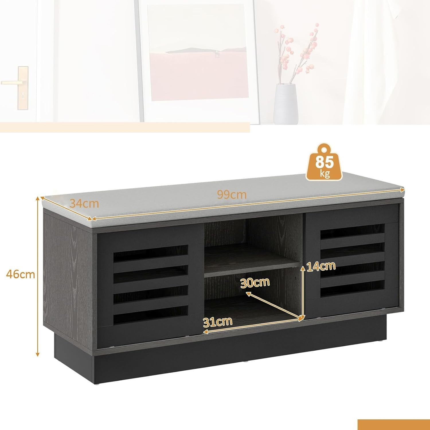 2-Tier Shoe Storage Bench Grey + Dark Grey, 6 Compartments & Sliding Doors