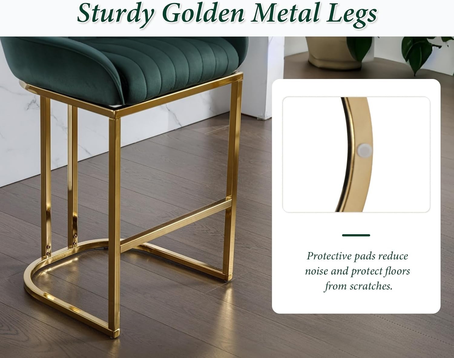 Bar Stools Set of 2 | Green Velvet L-Shaped Counter Dining Chairs