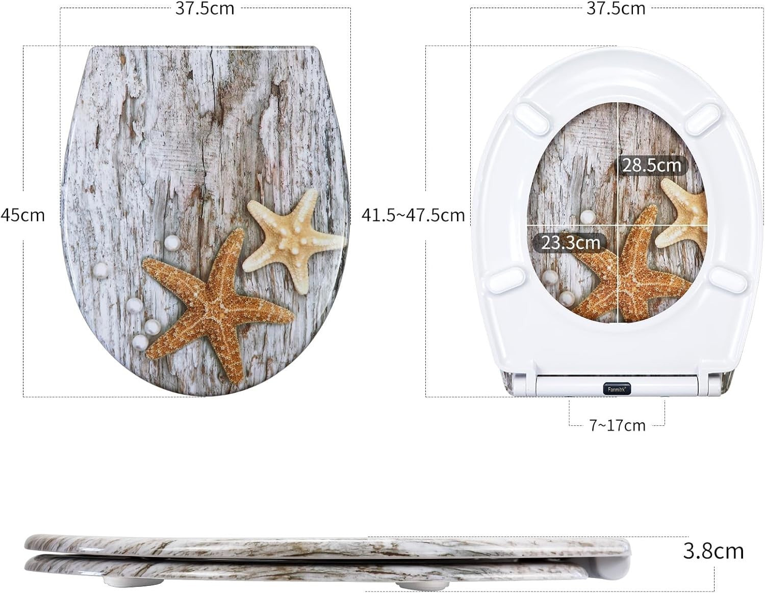 Soft Close Toilet Seat Duroplast Quick Release Top Fix Sea Star Pattern 45x37cm