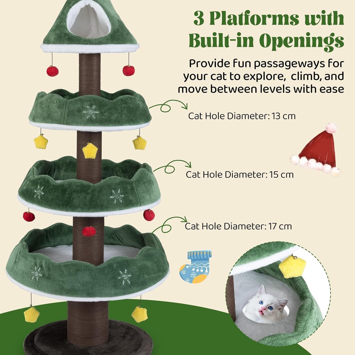 Christmas Tree Cat Tower 179cm Green Plush Scratching Post Multi-Level Condo