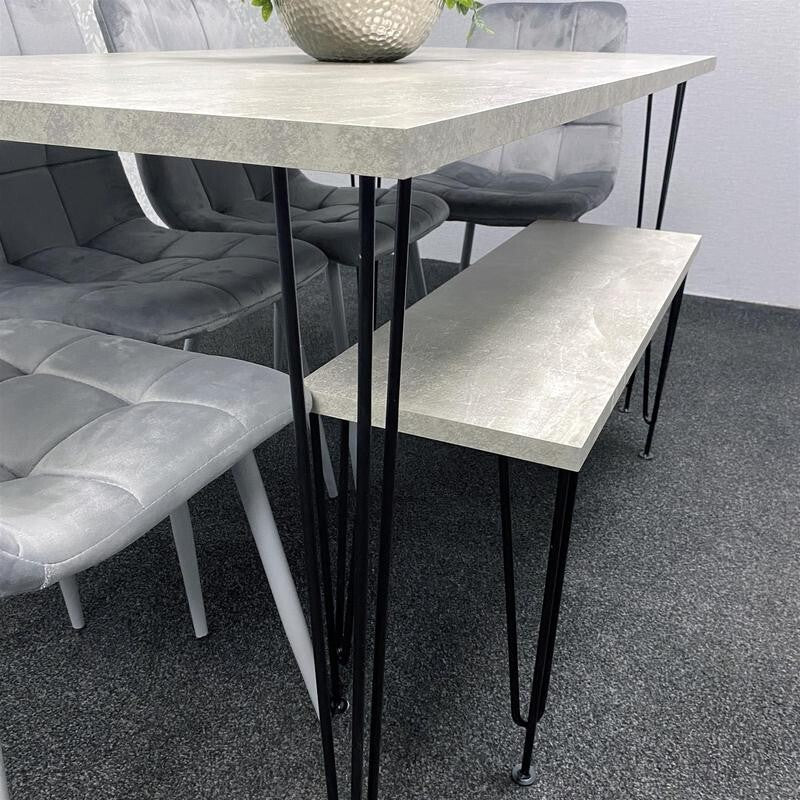 Grey Dining Table Set with 4 Velvet Chairs & Bench Hairpin Legs 140cm
