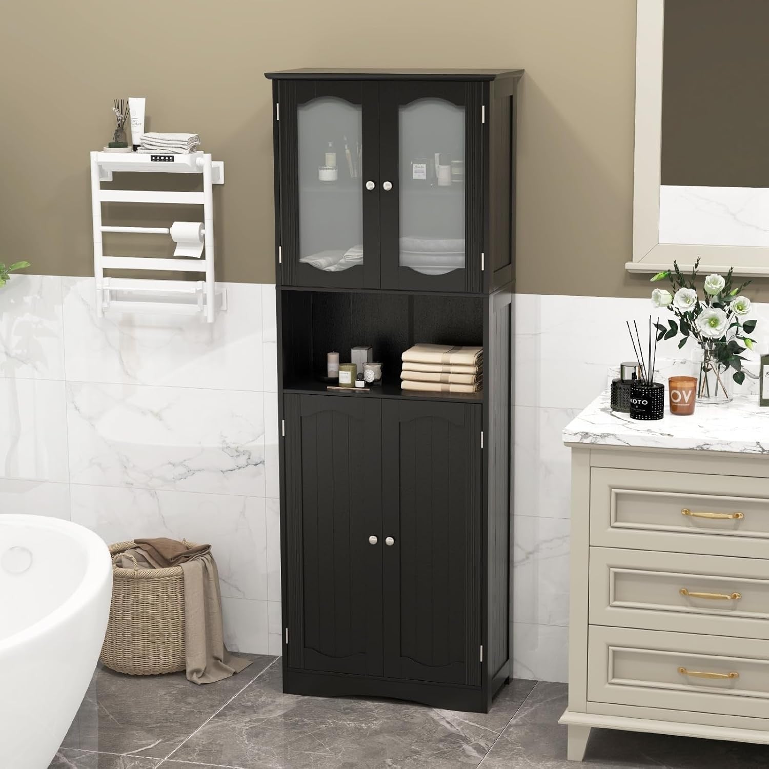 Black Wooden Tall Bathroom Cabinet with Glass Doors Adjustable Shelves
