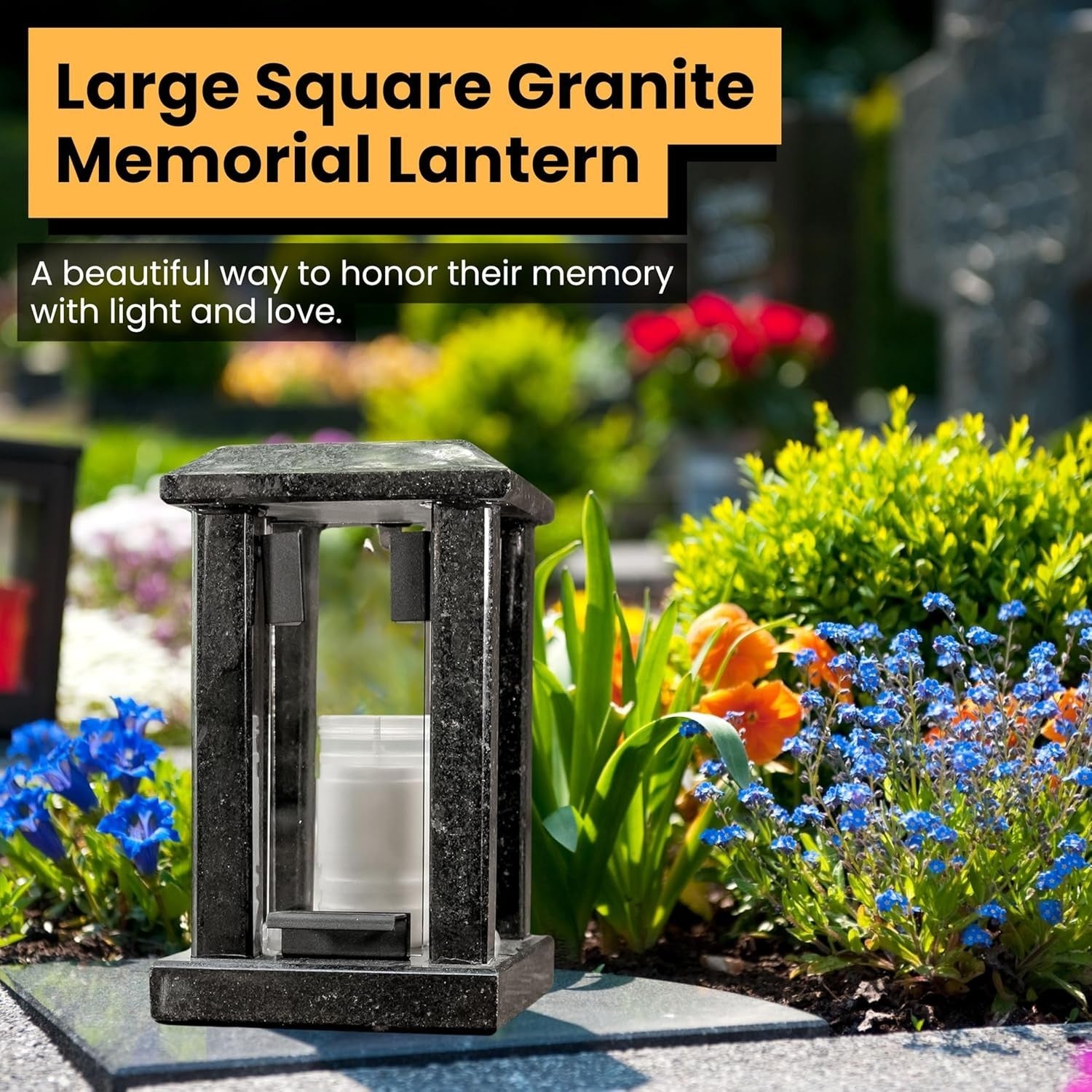 Large Black Granite Candle Lantern 32cm Square Polished Decor