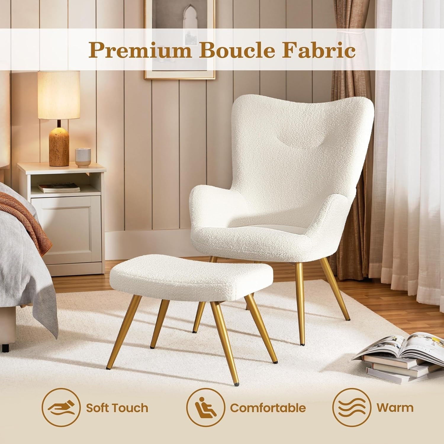 Sherpa Boucle Armchair with Ottoman High Back Lounge Chair Ivory