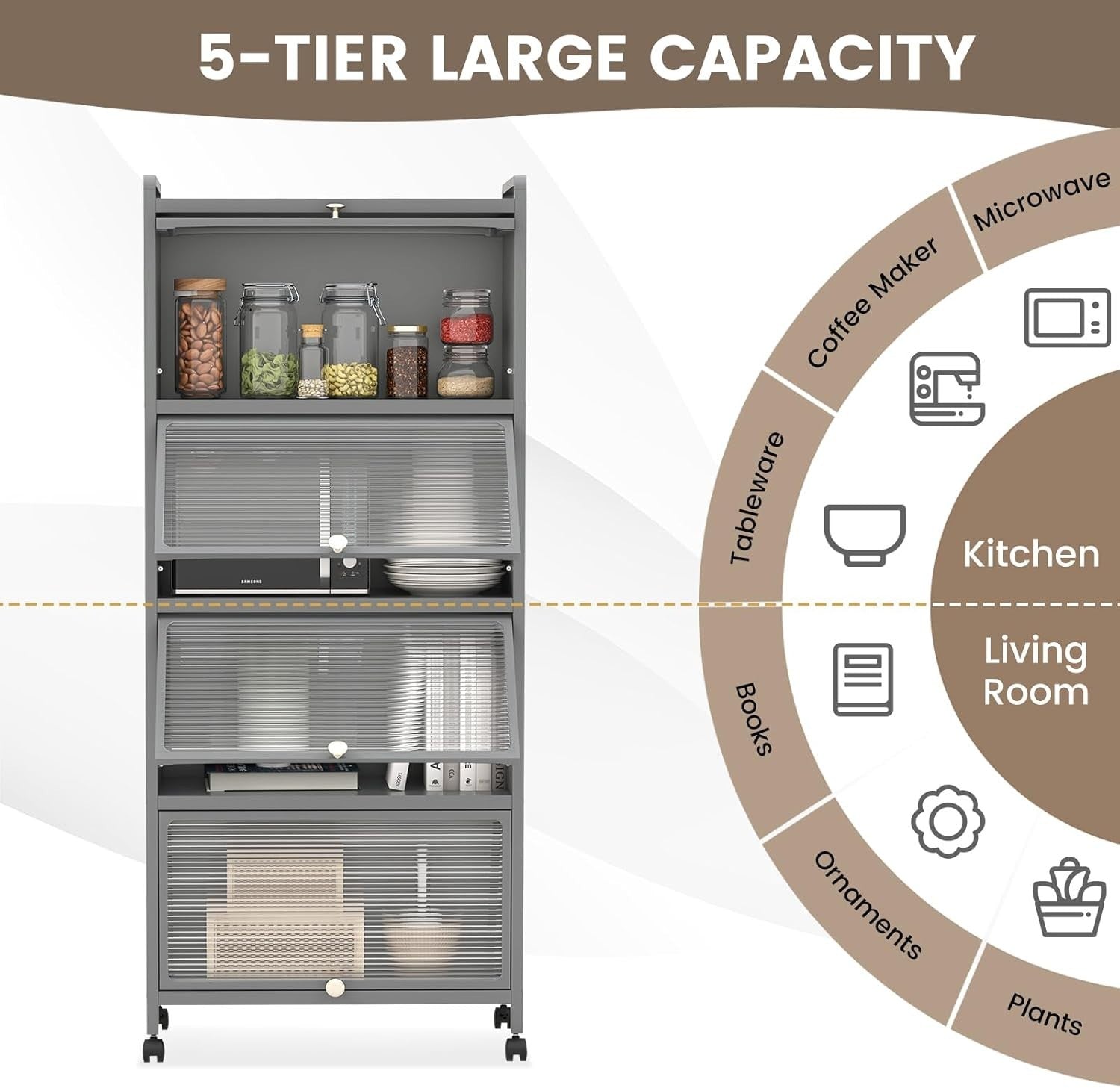 60x32x154cm Grey Rolling Kitchen Cabinet 5-Tier Pantry Storage with Wheels