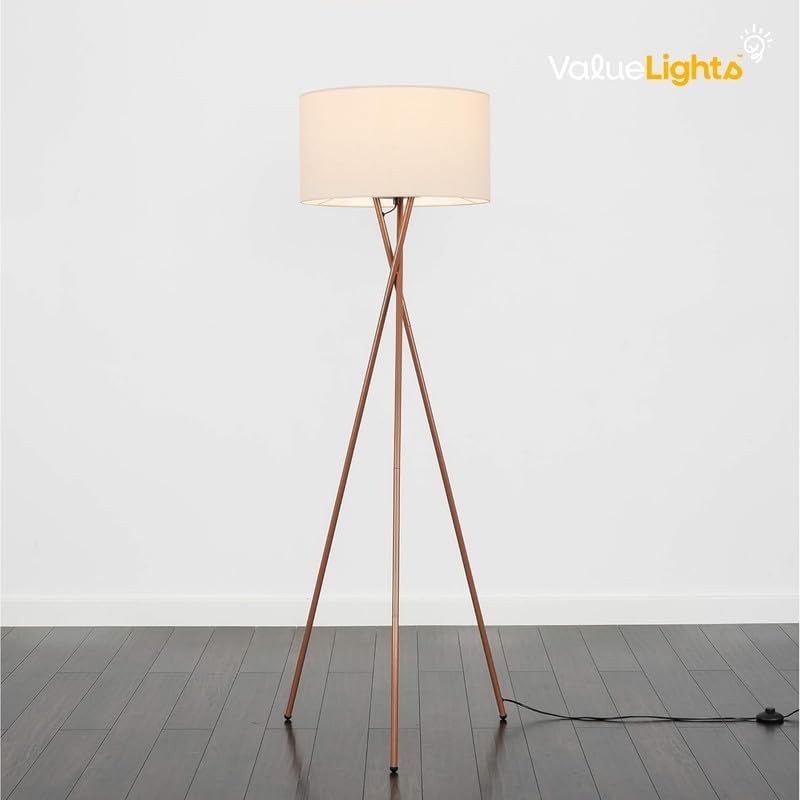Modern Tripod Floor Lamp Copper Metal Stand Black Shade LED Tall