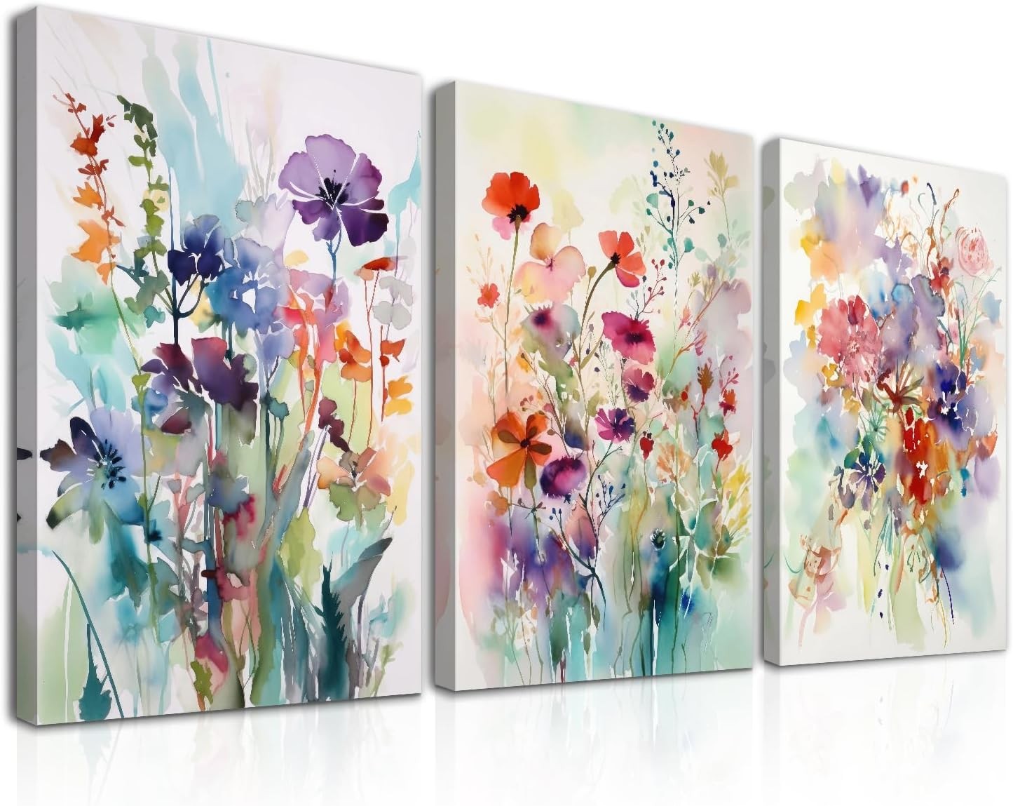 3Pcs Watercolor Flower Wall Art – Colorful Botanical Prints 12x16in