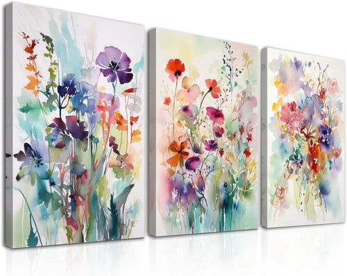 3Pcs Watercolor Flower Wall Art – Colorful Botanical Prints 12x16in