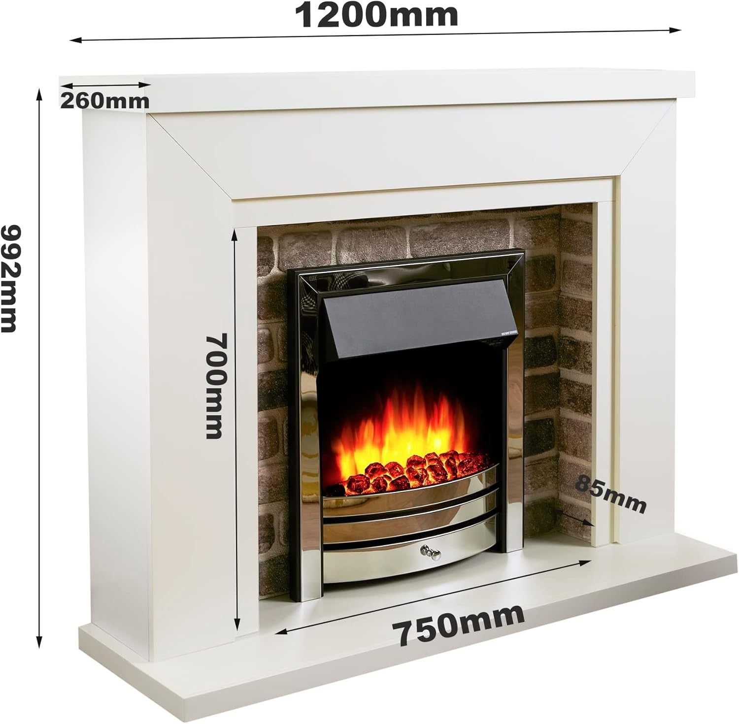 Electric Fireplace Suite 48" Remote LED Fire 1.8kW Heater White Chrome