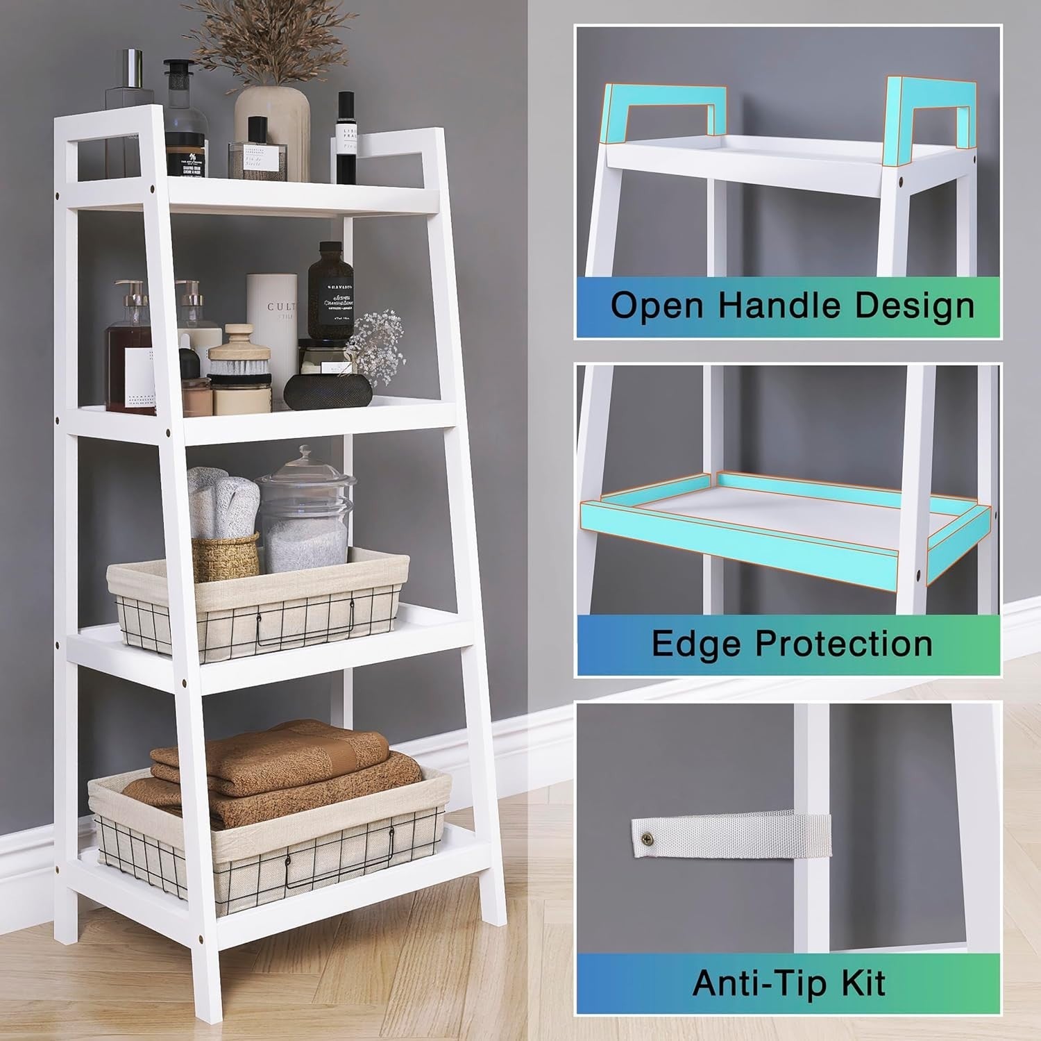 White Bamboo Ladder Shelf 4 Tier Freestanding Storage Rack Space Saver