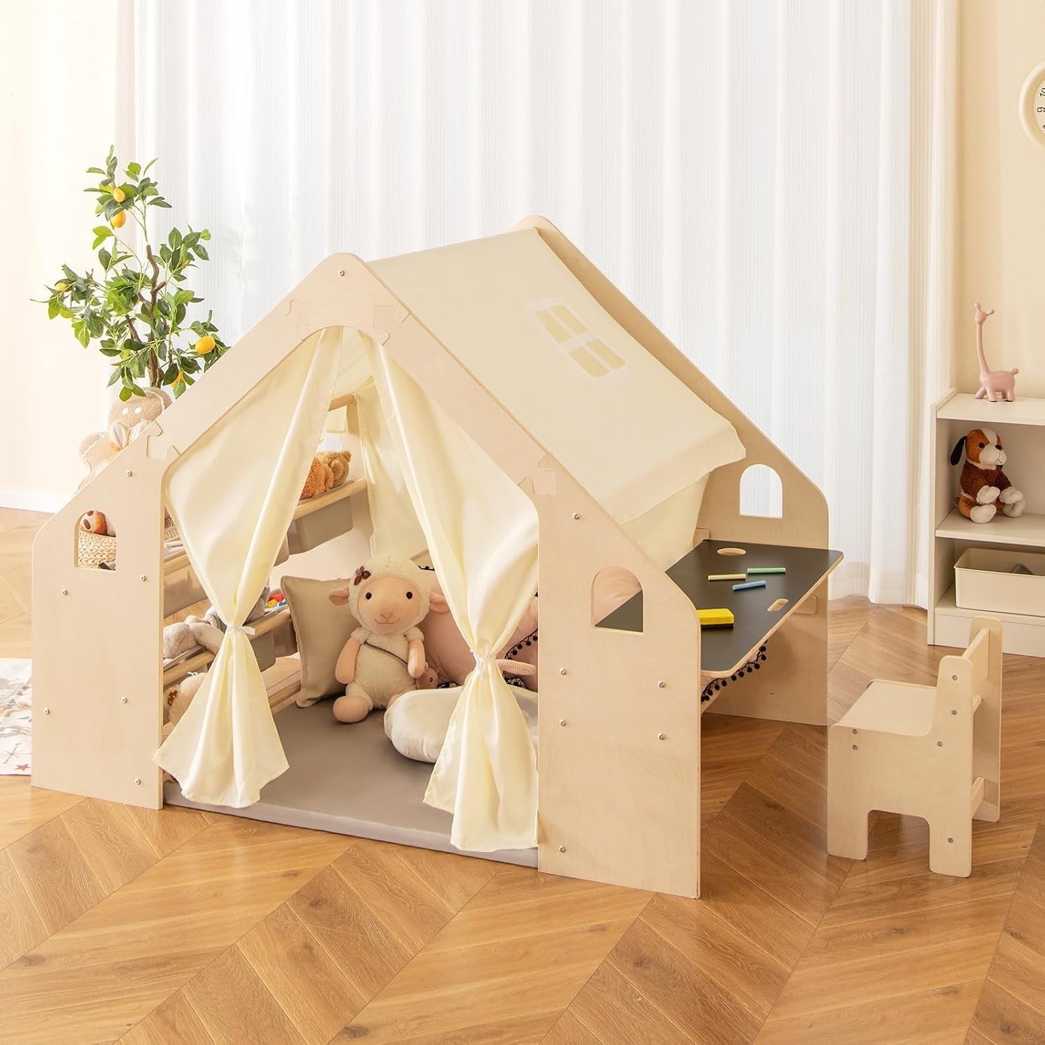 6 in 1 Kids Play Tent Indoor Wooden Playhouse w Mat Table Chair