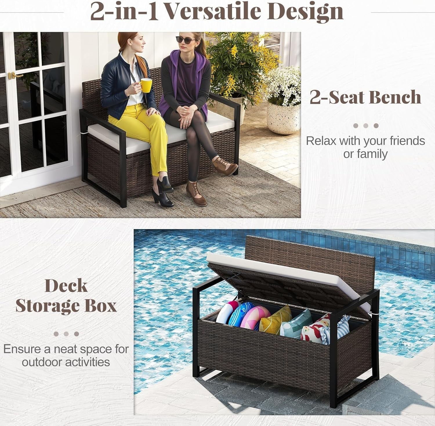 Outdoor 2-Seater PE Rattan Storage Bench with 150L Box & Padded Cushion