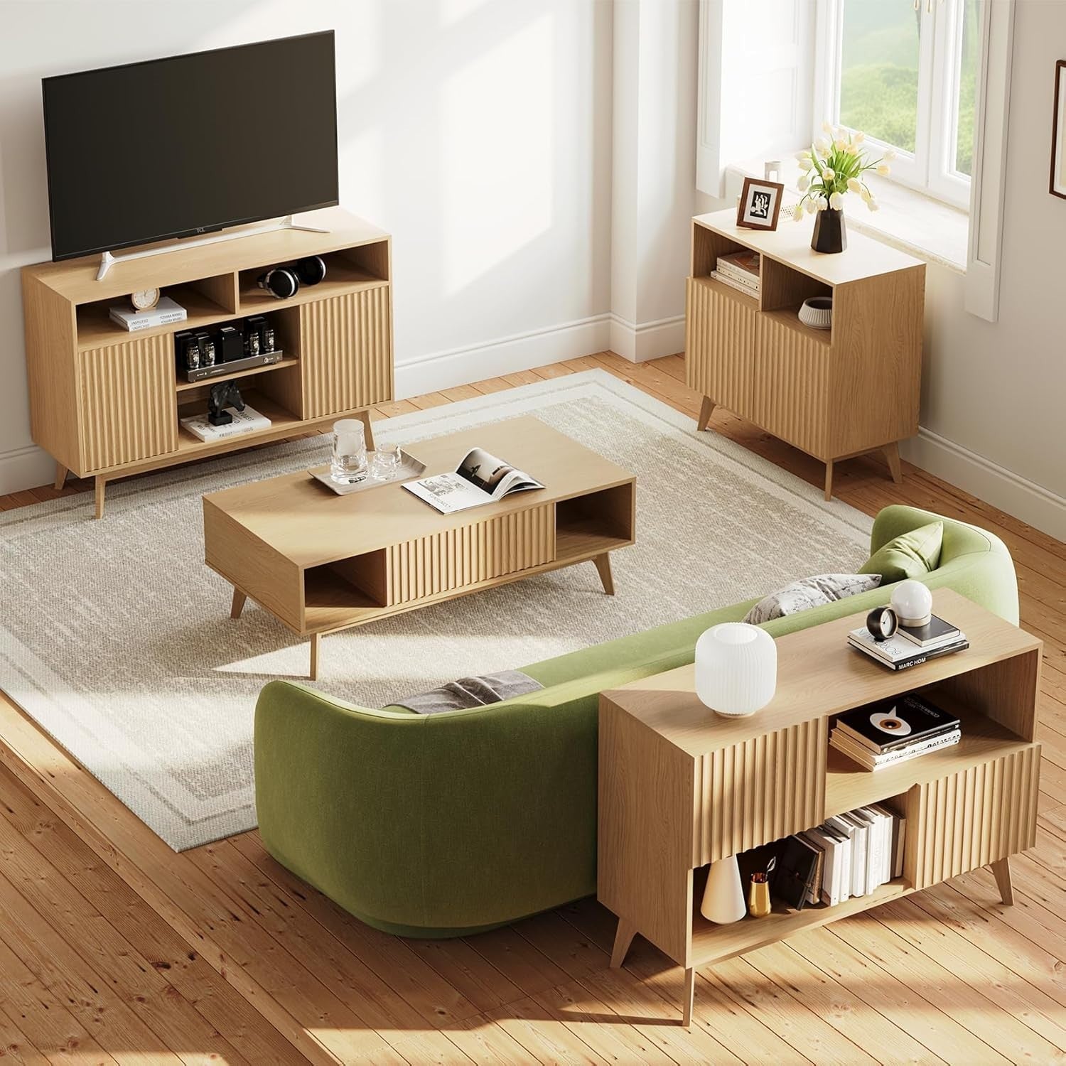 Modern Oak Sideboard Cabinet 100CM Storage Unit with Doors & Open Shelves