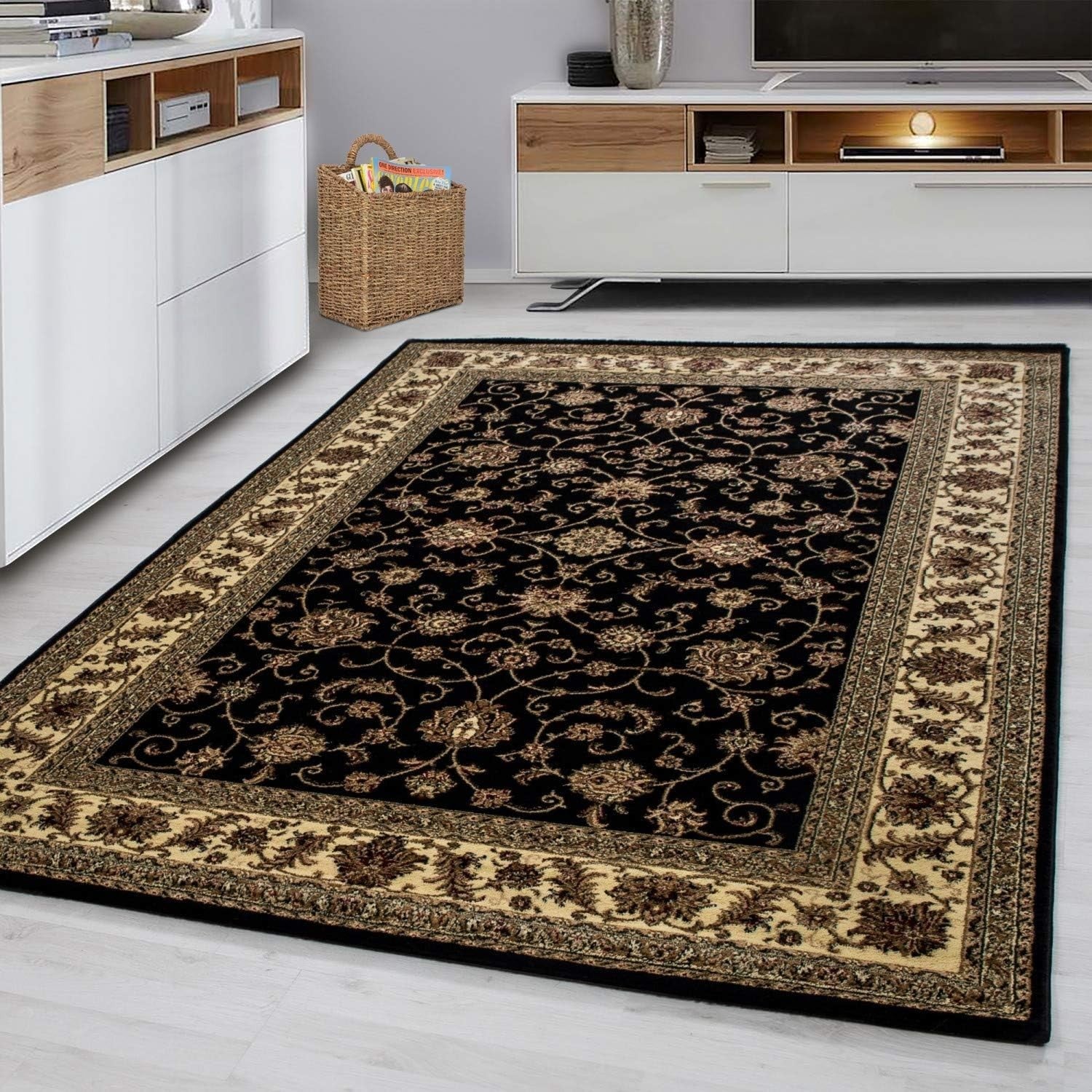 Black Oriental Area Rug 160x230cm Soft Low Pile Luxury Living Room Carpet