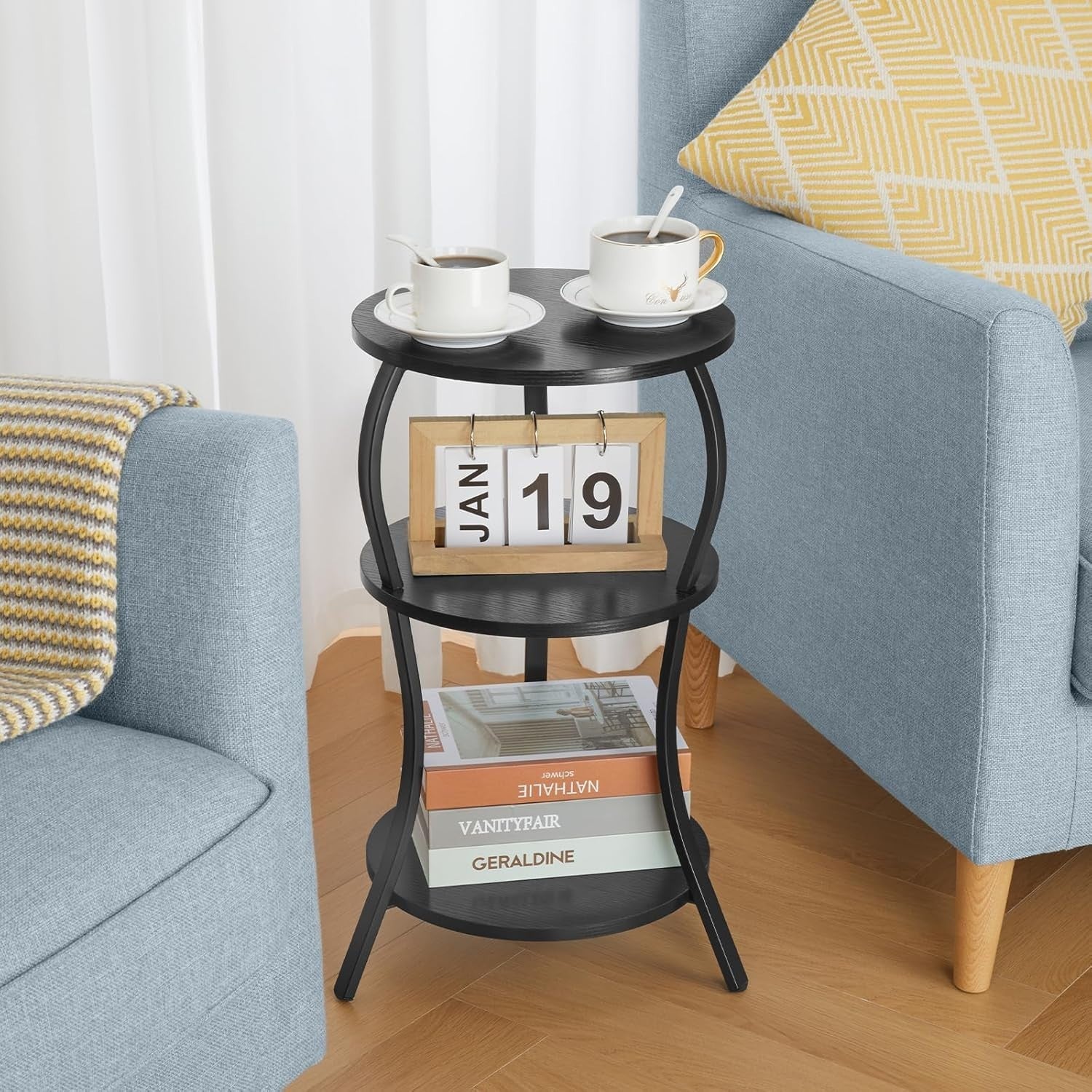 Black 3-Tier Round Side Table 30x30x55 cm | Slim End Table w/ Storage