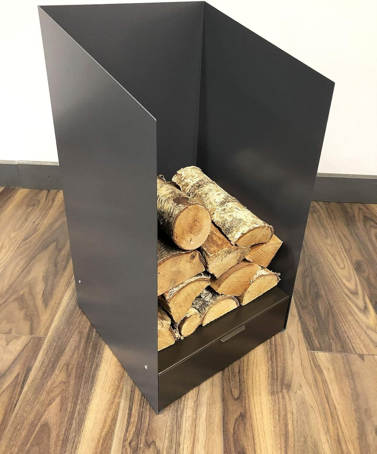Firewood Log Holder with Drawer Indoor Steel Wood Storage Rack Modern