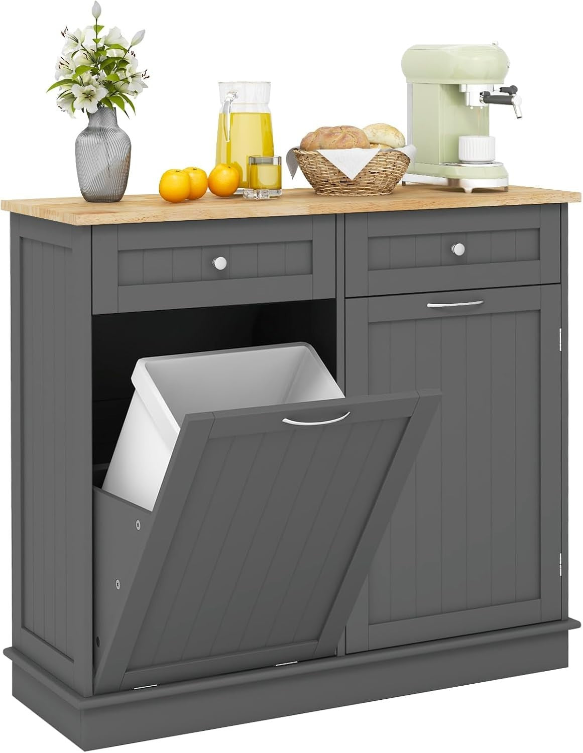 Modern Kitchen Sideboard with Tilt-Out Trash Bin Cabinet & Storage Drawers