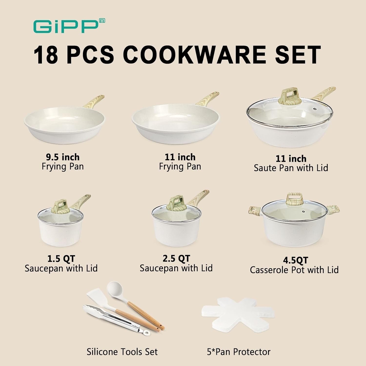 18Pcs White Ceramic Non-Stick Cookware Set with Glass Lids & Utensils, PFAS-Free