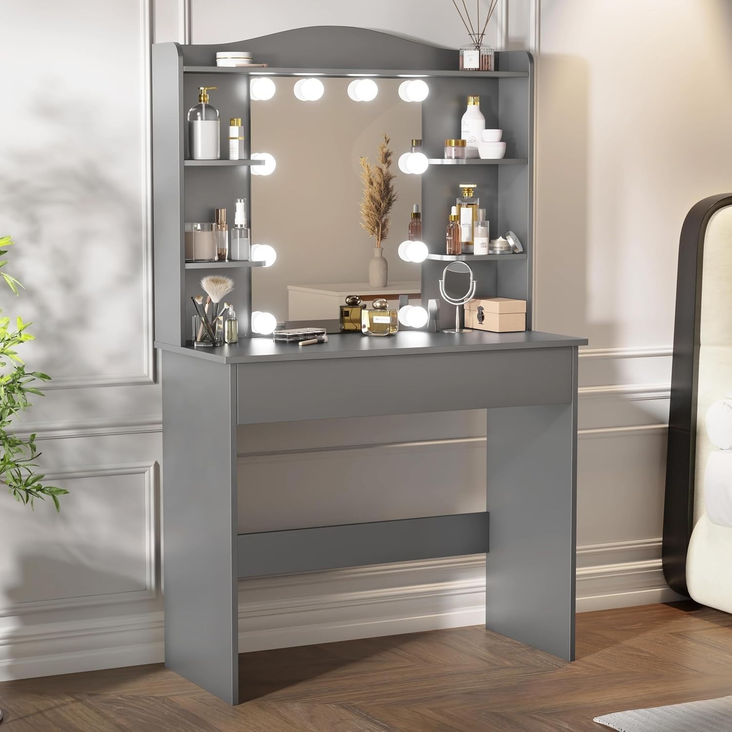 Modern Dressing Table Vanity Set 10 LED Lights Mirror Drawer Shelves Grey Makeup