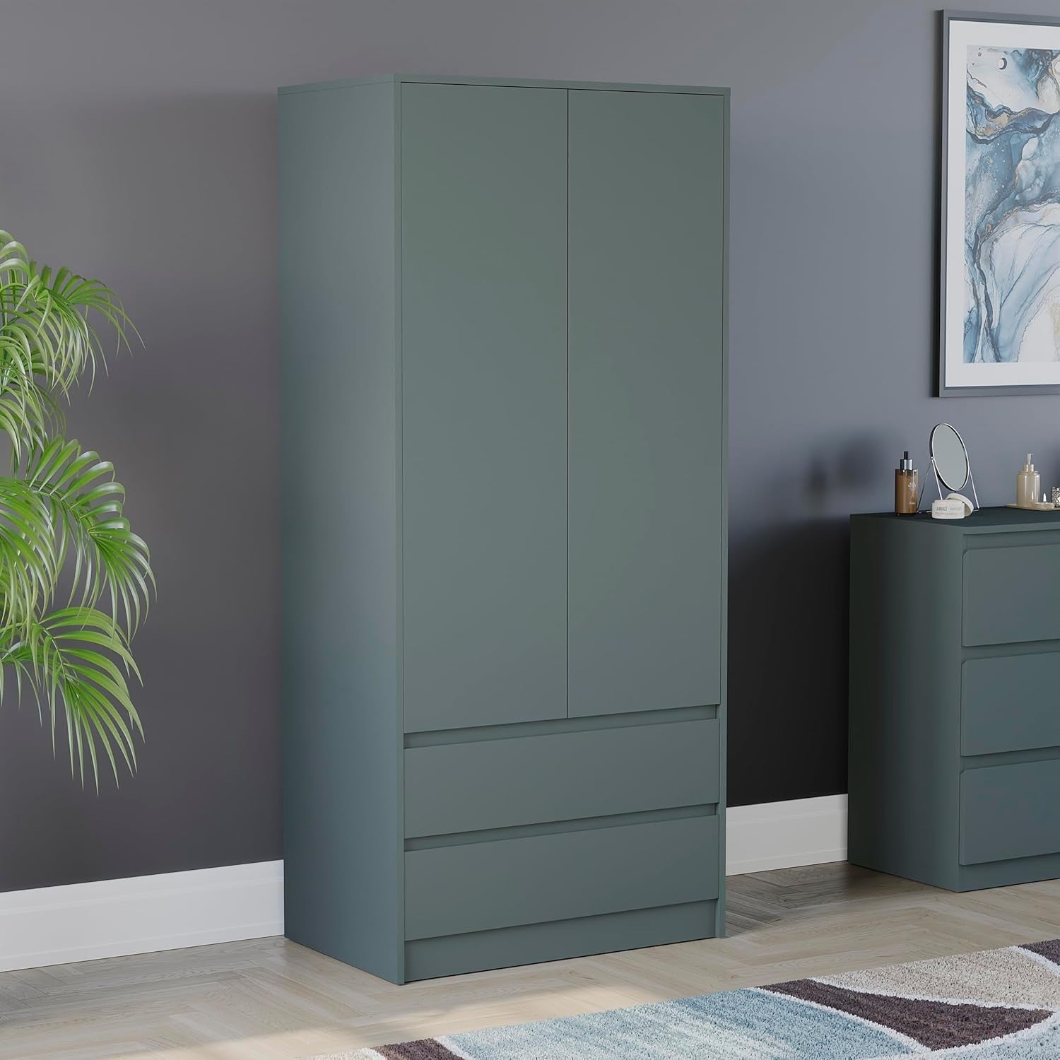 Modern 2 Door Wardrobe with 2 Drawers | Durable Storage & Magnetic Latch