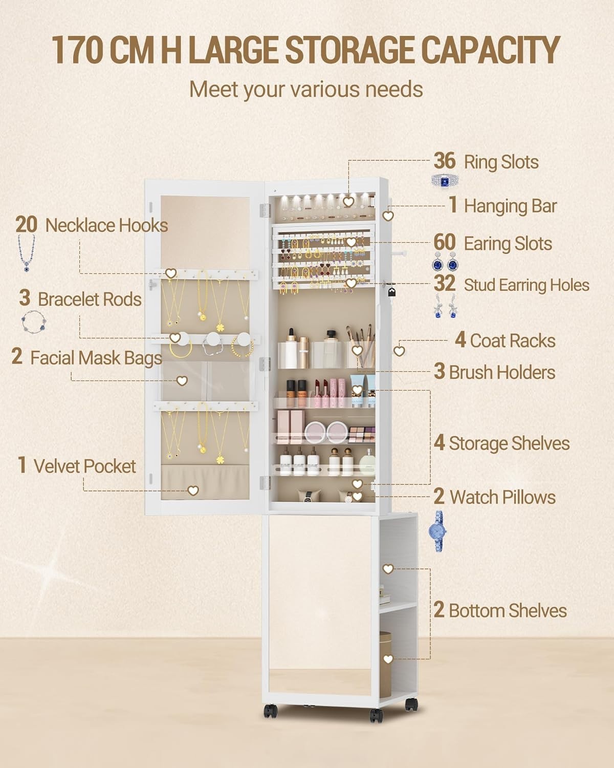 White & Beige LED Jewelry Cabinet Mirror Lockable Rolling Storage Rack