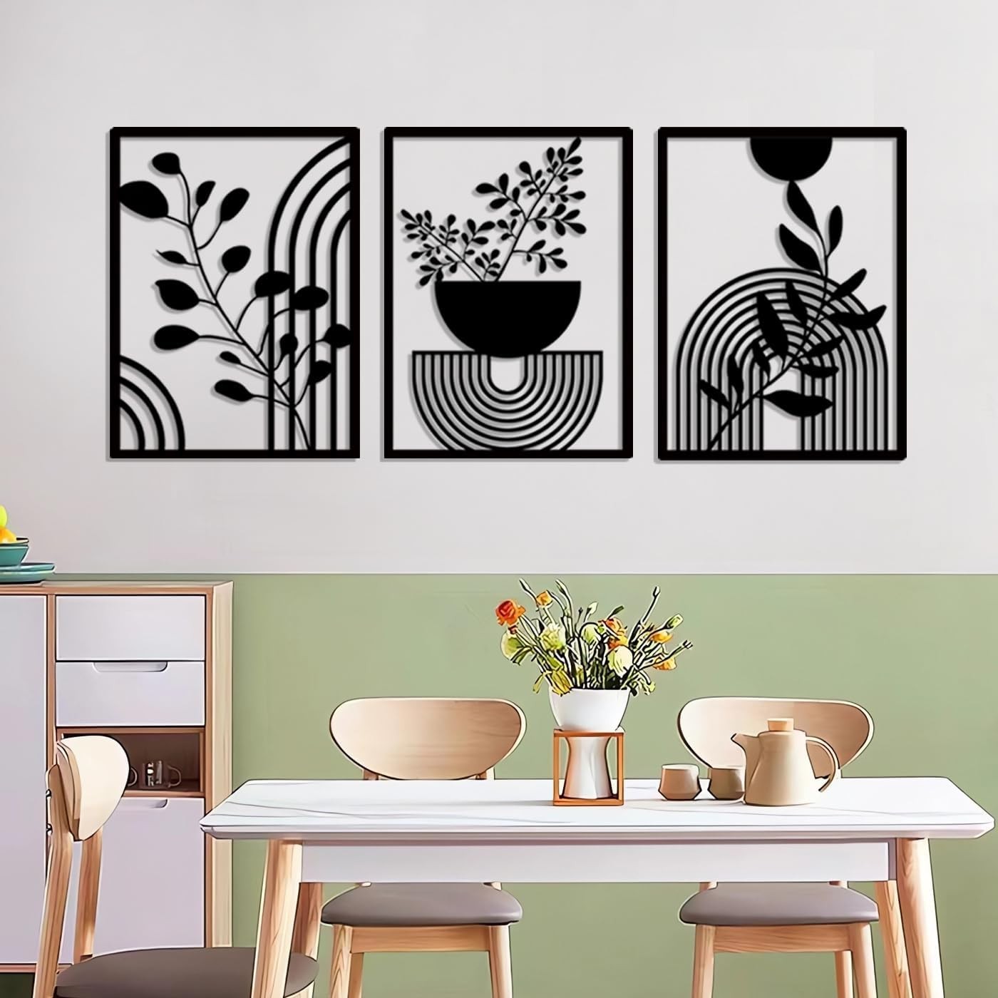 Black Metal Wall Art Set of 3 Geometric Boho Modern Panels