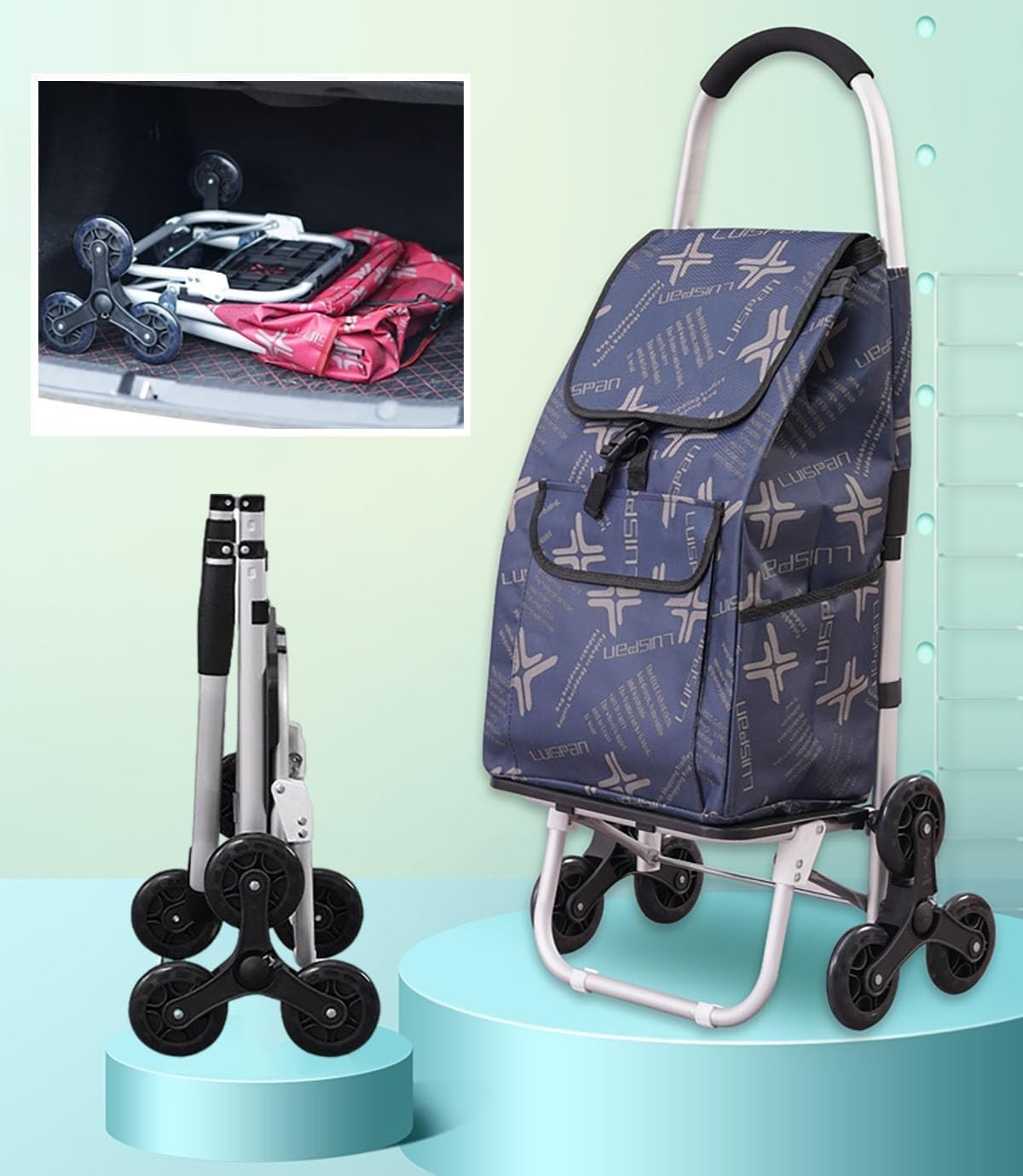 2-in-1 Foldable Stair Climber Shopping Trolley 6-Wheel Lightweight Cart 40KG