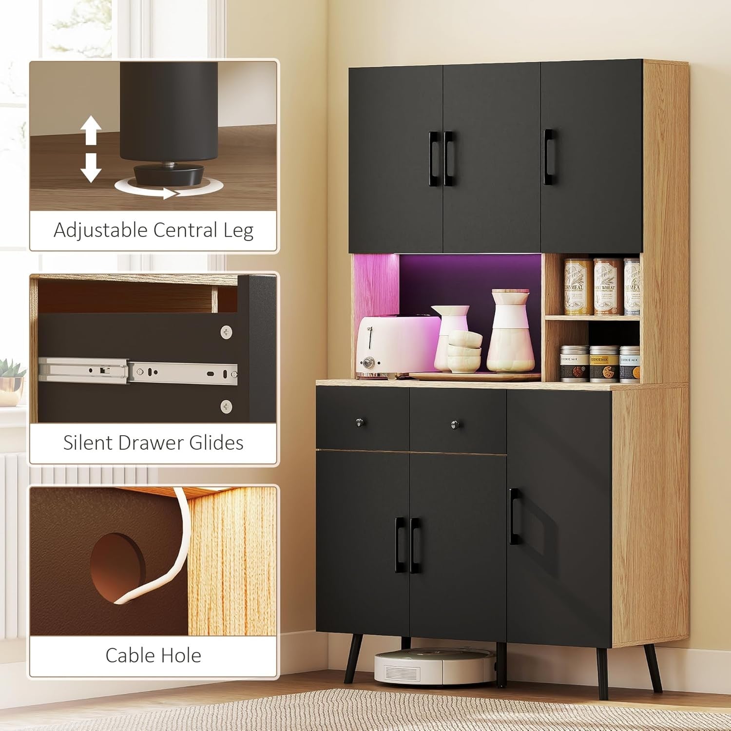 Tall Kitchen Cupboard with LED Lights 6 Door 2 Drawer Storage Cabinet Oak