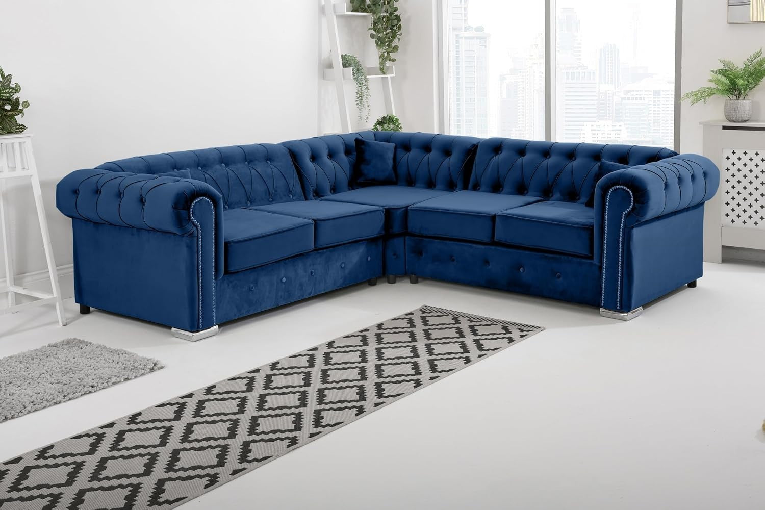 Blue Plush Velvet Chesterfield Corner Sofa – Luxe Comfort & Diamond Detail