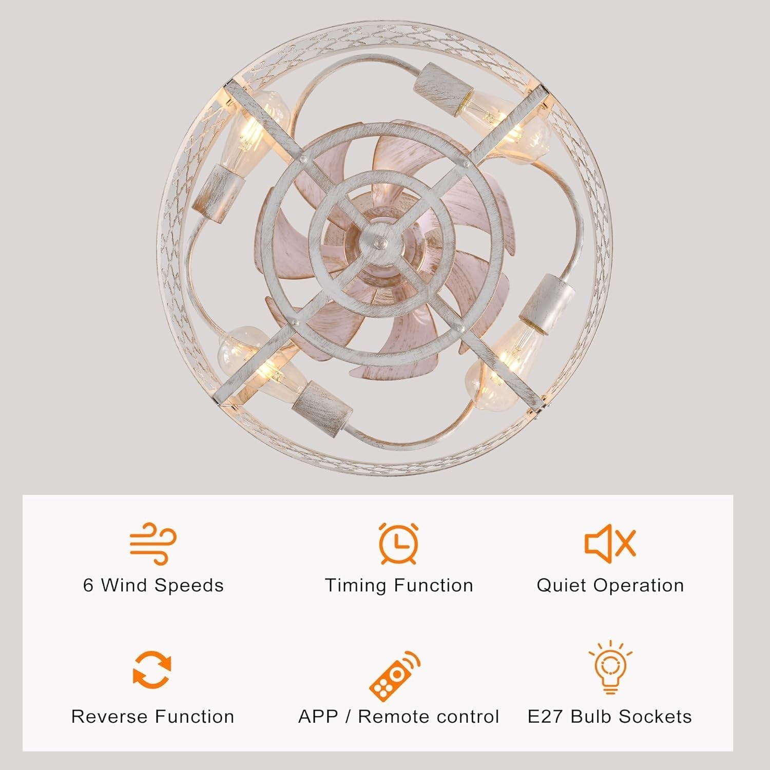 50cm Industrial Ceiling Fan Light, White Caged, 4 Lights, Remote Control