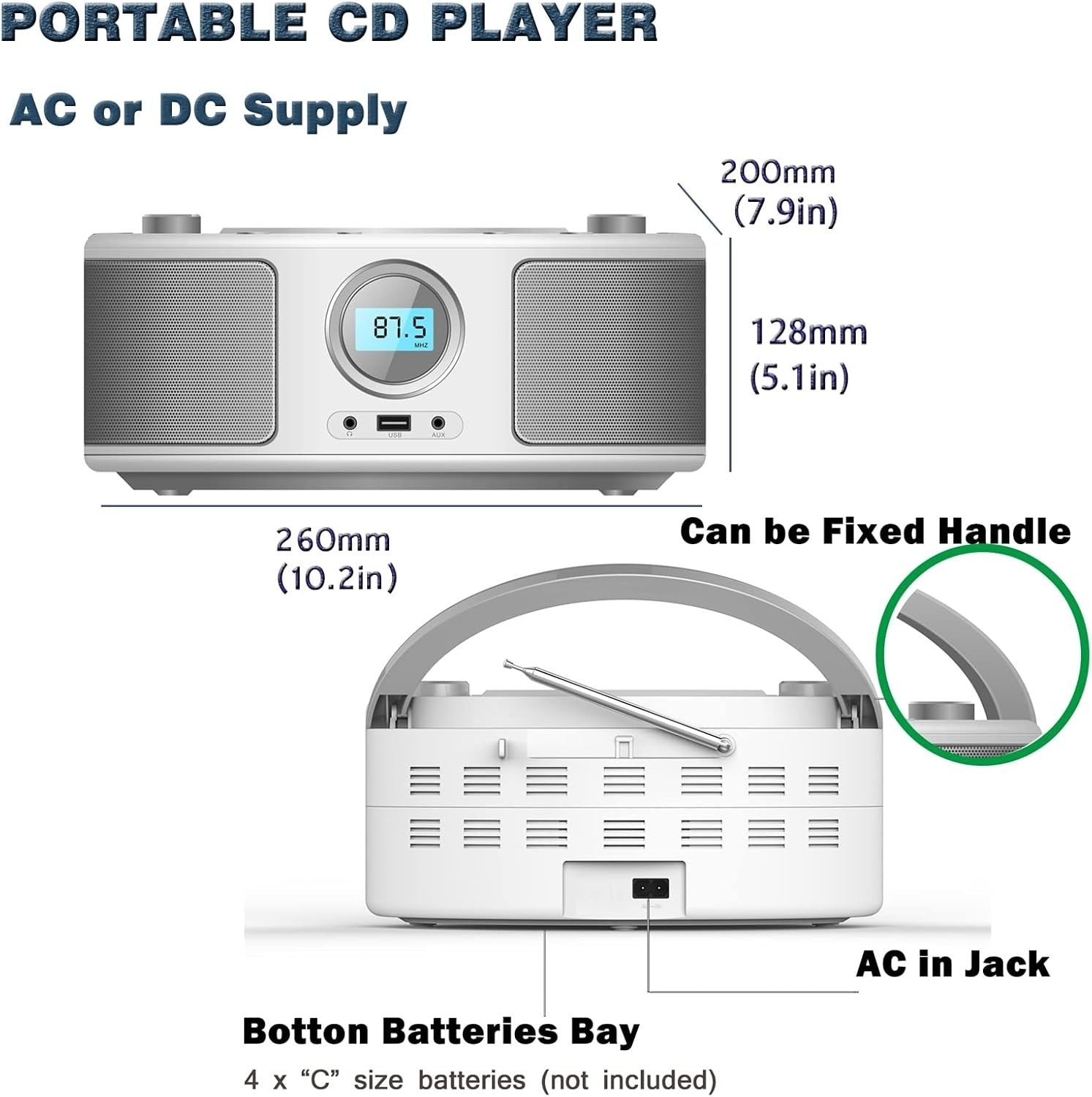 Portable CD Player Boombox Bluetooth FM Radio USB AUX Stereo Speaker