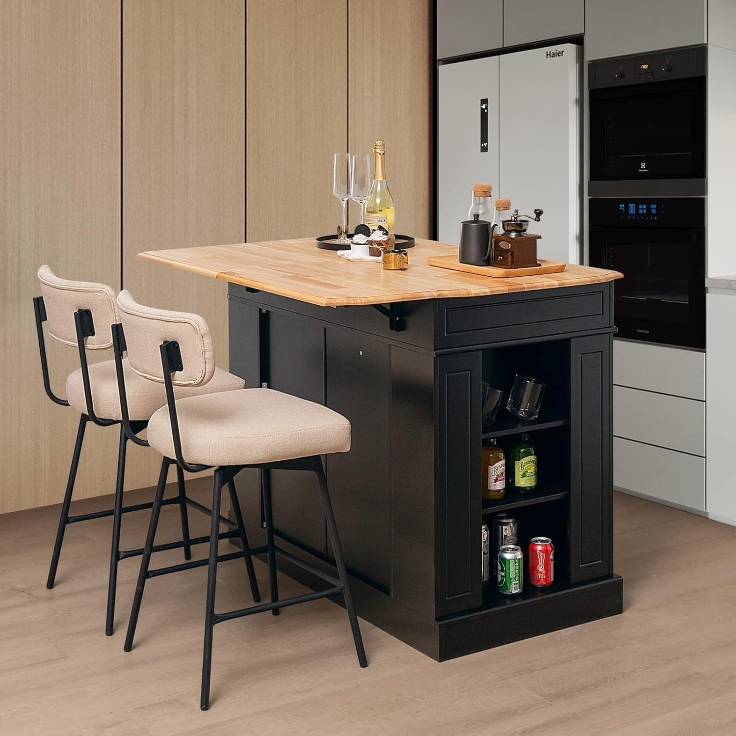 Extendable Kitchen Island Cart with Adjustable Shelves, Drawers & Lockable Stora