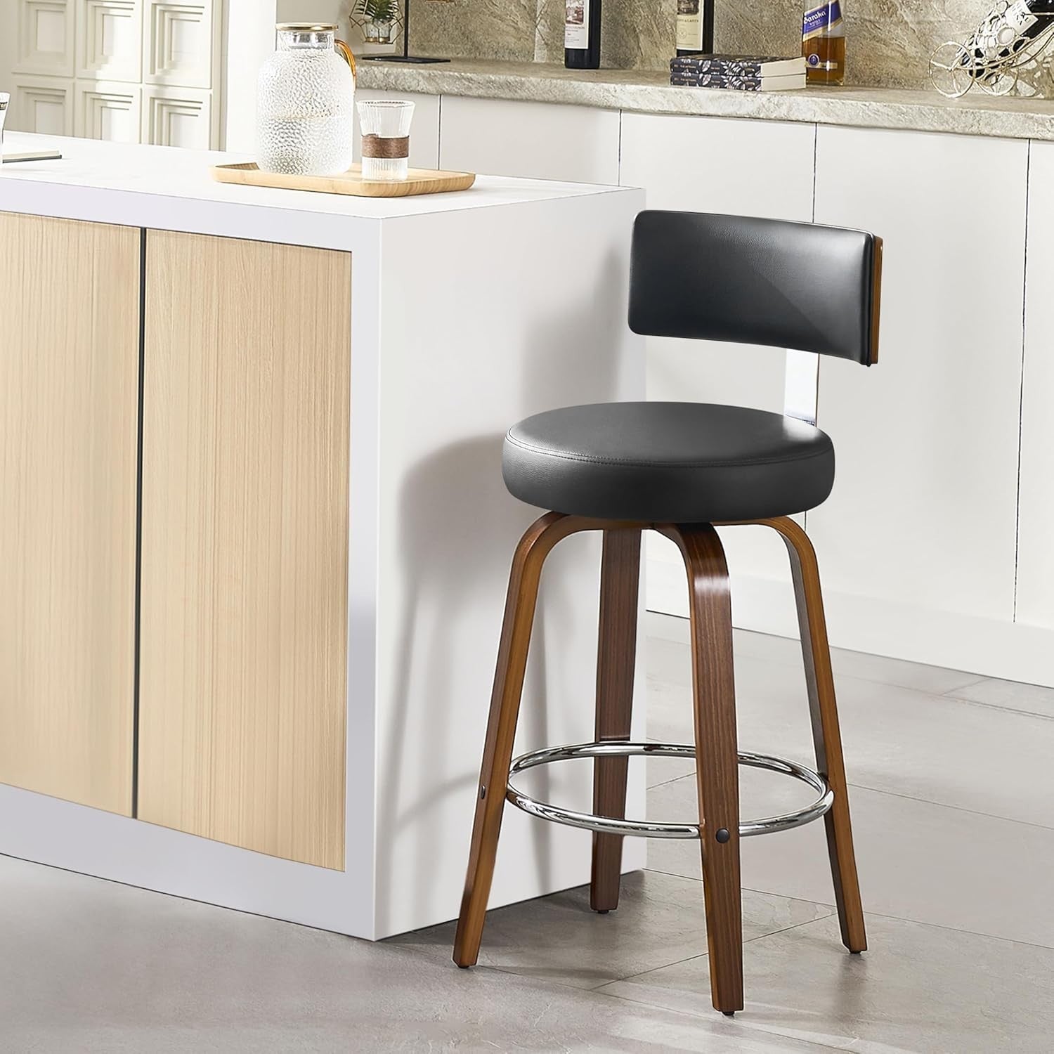 Black Round PU Leather Swivel Bar Stools Set of 2 | Wooden Counter Chairs