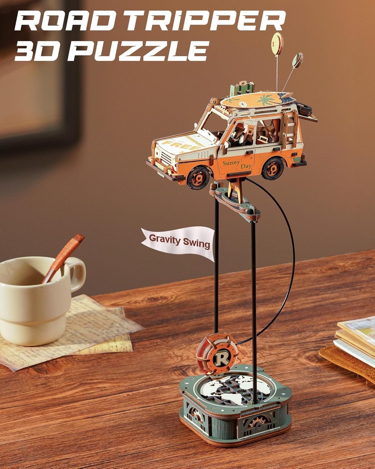 3D Wooden Gravity Swing Puzzle Toy with Retro Van & Moving Parts