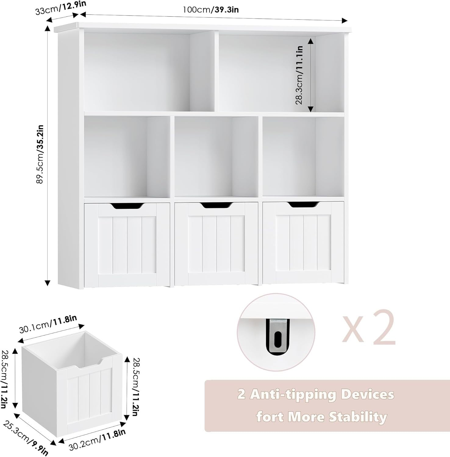White Kids Toy Storage Cabinet with Wheels & Bookshelf – 8 Compartments