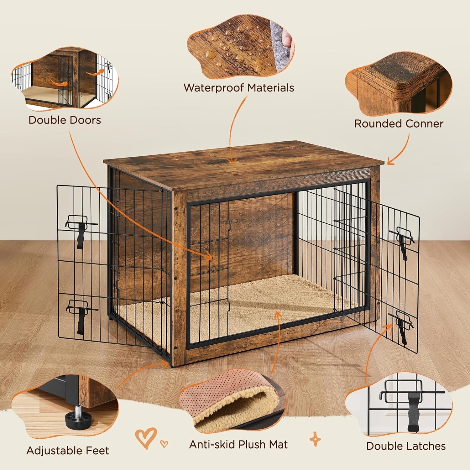 Rustic Brown Medium Dog Crate Furniture with Cushion & Double Doors 96x65x67.5cm