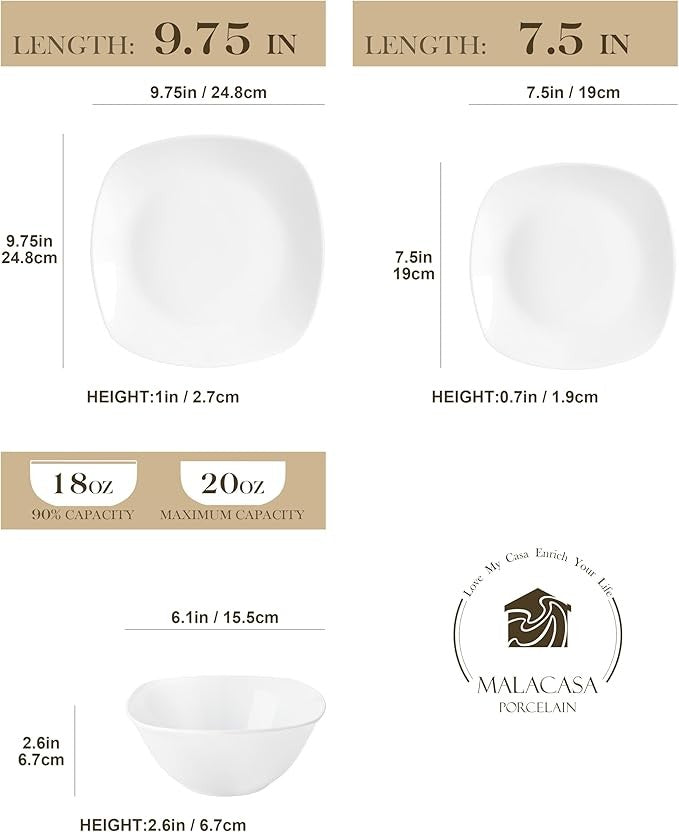 12 Piece White Dinner Set Plates Bowls Porcelain Square Chip Resistant for 4