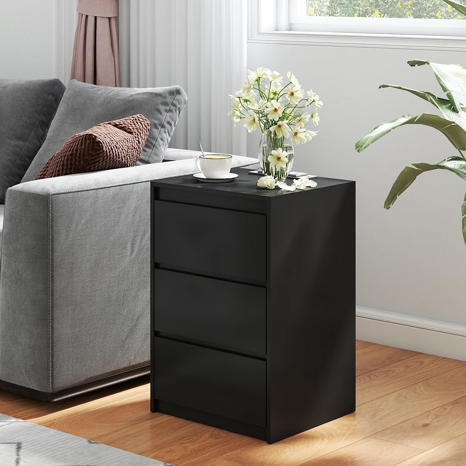 Modern Black Bedside Table with 3 Drawers & Power Station, Wooden Nightstand