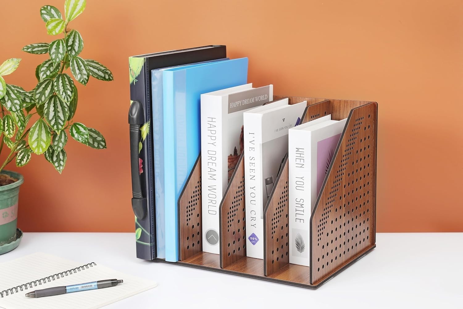 Wooden Desk File Rack & Book Organizer - Walnut Desktop Storage Holder