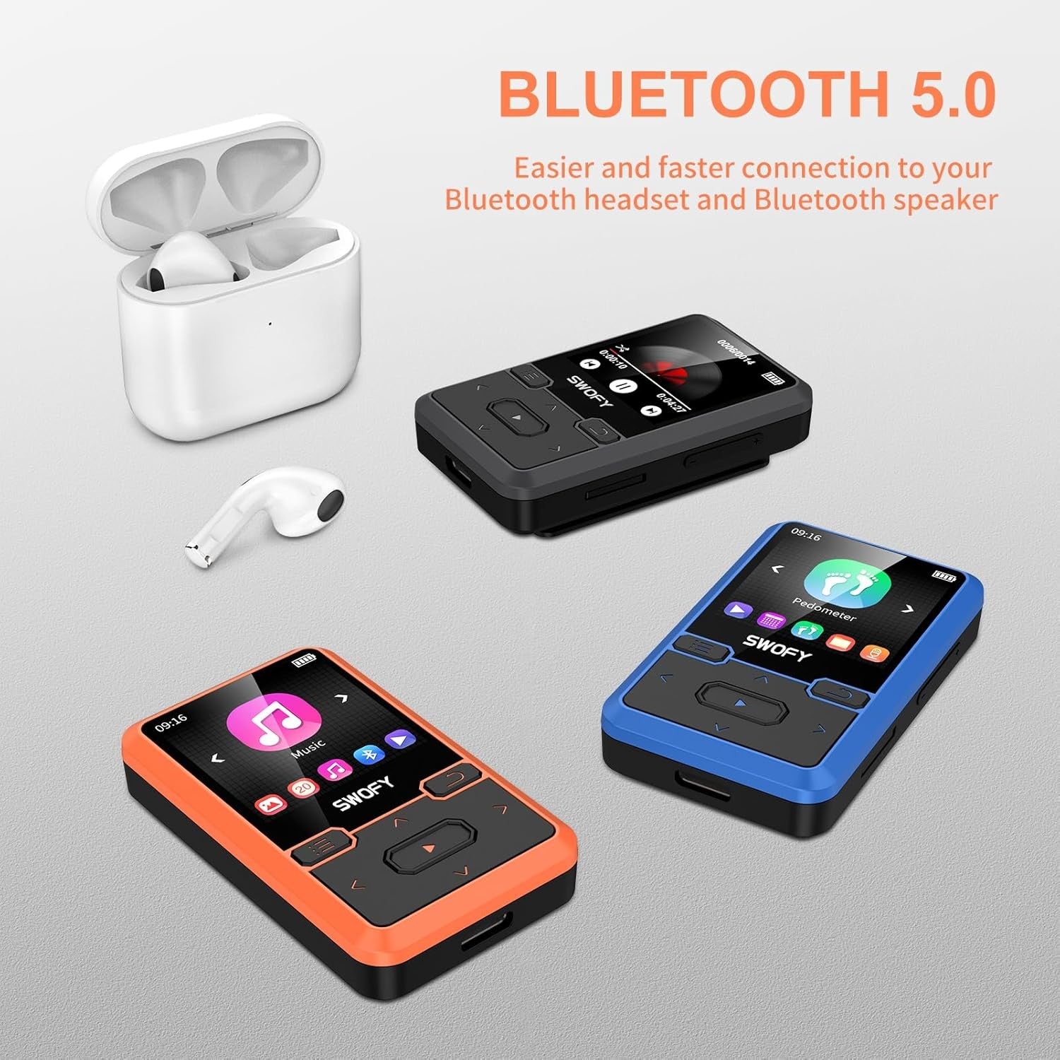 32GB Clip MP3 Player Bluetooth 5.0 FM Radio Pedometer Orange