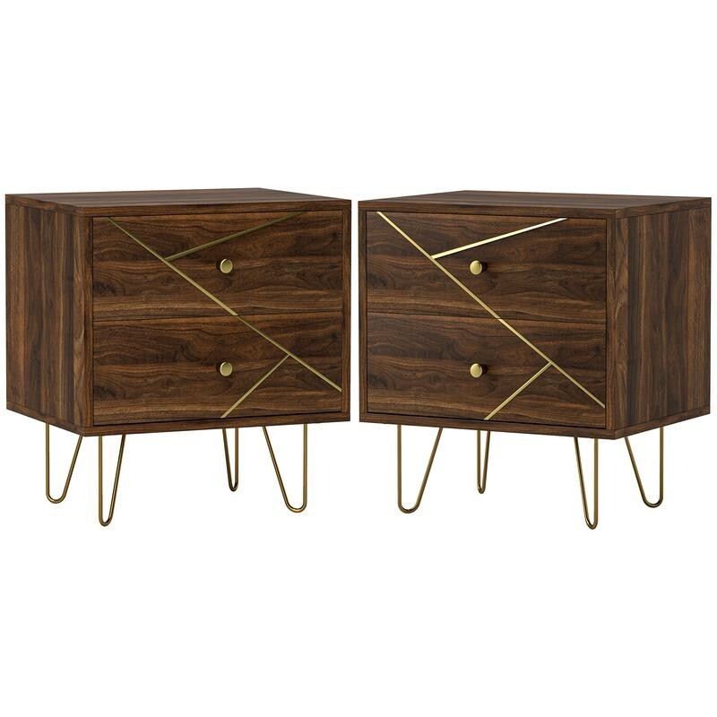 Set of 2 Bedside Tables Brown Wood Grain w/ Drawers & Hairpin Legs
